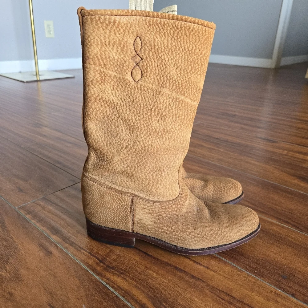 Pebbled Tan Brown Leather Roughout Suede Pull-On Western Grunge Cowboy Men Boots